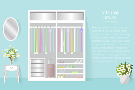 室内。衣柜里的衣服和一面镜子。矢量图。横幅的衣柜设计