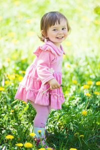 一个穿着粉红色的连衣裙的小女孩笑在一片空地上与蒲公英