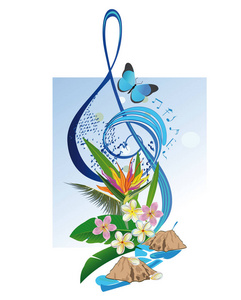 与热带树叶和花朵装饰抽象高音谱号