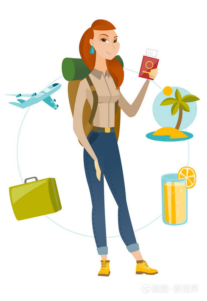 年轻女人旅行者持有的护照与机票