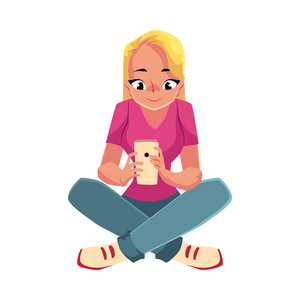 年轻女人玩智能手机的移动电话，坐在双腿交叉