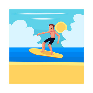 年轻男子骑冲浪板，享受夏天水活动