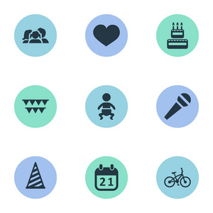 矢量图组的简单的节日图标。元素自行车 糖果 国内和其他同义词蛋糕，宝贝和标志