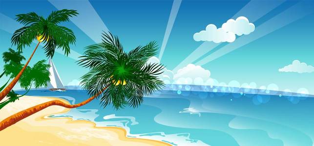 度假的背景。蓝色的大海与棕榈树海滩