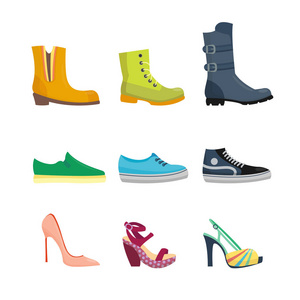 女装鞋平面设计矢量集合的皮革套彩色软皮鞋靴子图