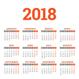 2018 年白色背景上的日历。每周从星期一开始。4 列 3 行。简单的矢量模板。信纸设计模板
