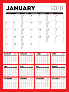 2018 的打印日历。规划设计模板。周从星期日开始。文具设计