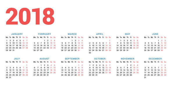 2018 年白色背景上的日历。每周从星期一开始。6 列 2 行。简单的矢量模板。信纸设计模板