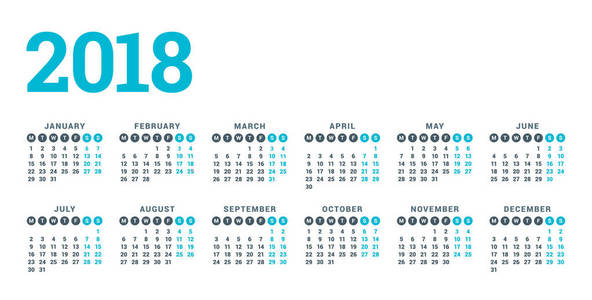 2018 年白色背景上的日历。每周从星期一开始。6 列 2 行。简单的矢量模板。信纸设计模板