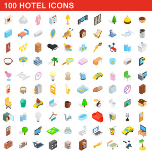100 酒店图标集，等距 3d 风格