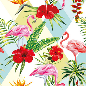 热带成分火烈鸟花卉和植物的无缝模式