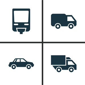 交通图标设置。范 汽车 卡车和其他元素的集合。此外包括车 载重汽车 汽车符号