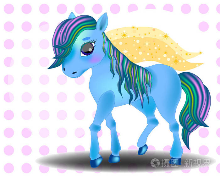 可爱的卡通小蓝小马驹.详细的矢量图上白色孤立.我的小马