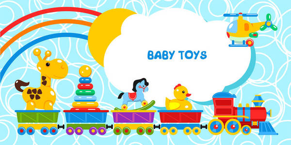 有趣的列车运载儿童玩具。汽车去长颈鹿 金字塔 摇马 鸭。直升机飞行。太阳和彩虹从云层里。矢量图
