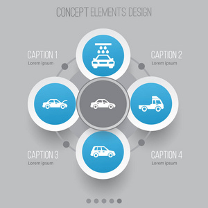 汽车图标设置。范，固定，汽车和其他元素的集合。此外包括符号，例如修复，交叉，自动