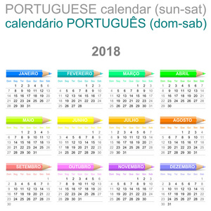 2018 蜡笔月历葡萄牙语版本星期日到星期六