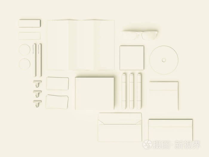 白色的企业形象。品牌上的模拟。办公用品 小玩意。3d 图