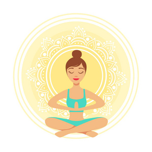 年轻瑜伽女人冥想在荷花的立场与祈祷的手,丰富多彩的人物矢量图照片