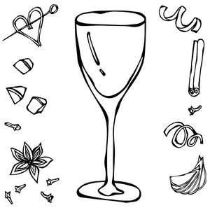 白色的葡萄酒杯。手工绘制的矢量 Illustraition