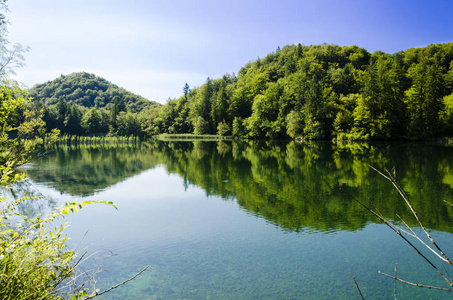 森林的湖水在十六湖上空的反映图片