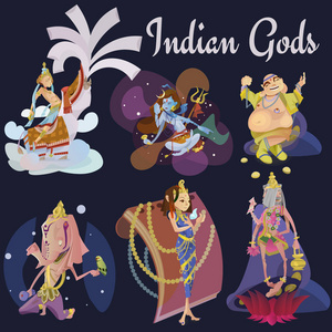 在瑜伽中的孤立印度神冥想套构成莲花和女神印度教宗教，传统的亚洲文化精神的神话中，神崇拜节日矢量插图，t 恤概念
