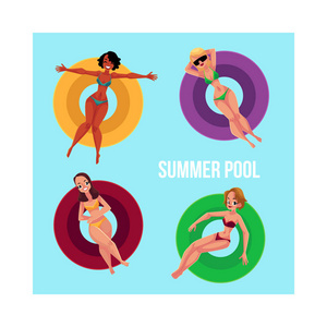 横幅，海报模板与女孩充气环在游泳池