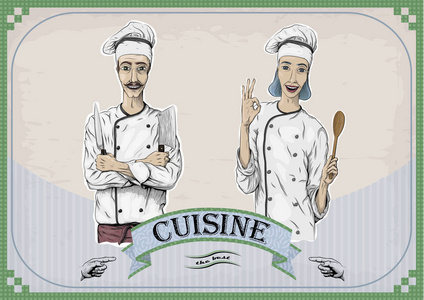 女人和男人白种人做饭厨师工人，厨师的夹克帽与幸福的微笑肖像。矢量特写水平美丽多彩的黑色线性插图孤立与题字的米色背景