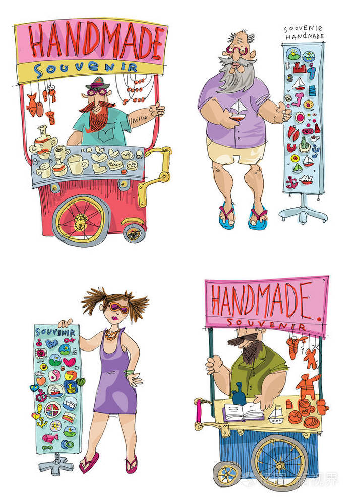 售货亭和代表自制的货物和东西. 角色男性和女性.