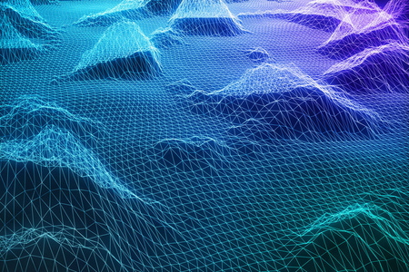 3d 图抽象数字线框景观。网络空间景观网格。3d 技术。在云计算领域，通信网络蓝色景观的抽象互联网连接。