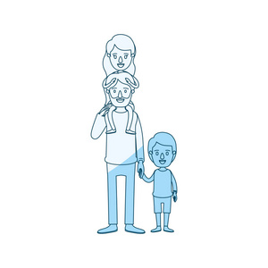 蓝色的剪影底纹漫画具髯毛的父亲与他的背部和采取手的男孩女孩