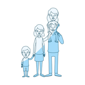 蓝色底纹漫画大家庭父母与他的背部和儿子采取手女孩的剪影
