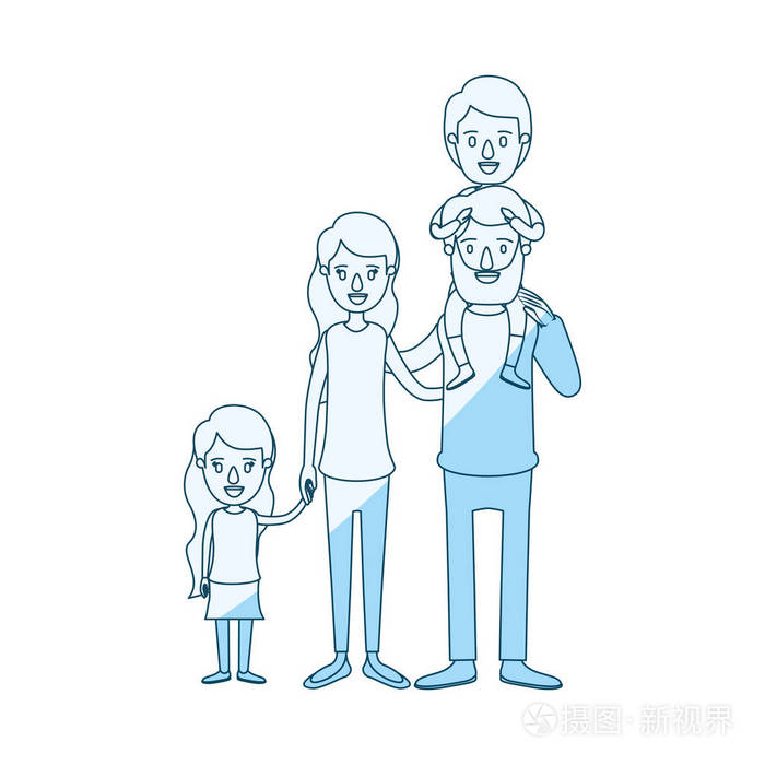 蓝色底纹漫画大家庭父母与他的背部和女儿采取手男孩的剪影