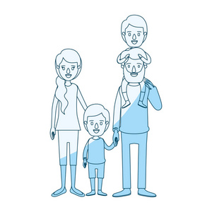 蓝色底纹漫画家庭父母与他的背部和采取手的女孩男孩的剪影