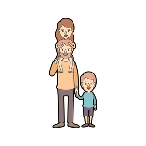 光色漫画厚轮廓胡子的父亲   他的背部和采取手的男孩女孩