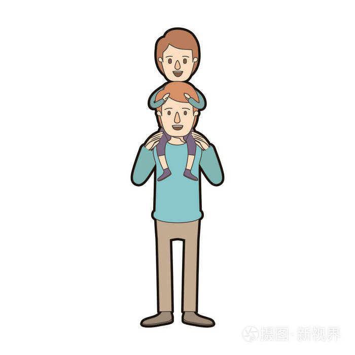 光色漫画厚轮廓年轻父亲在他背上的男孩