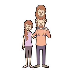 光色漫画厚轮廓家庭与母亲和父亲与小胡子和他背上的女孩