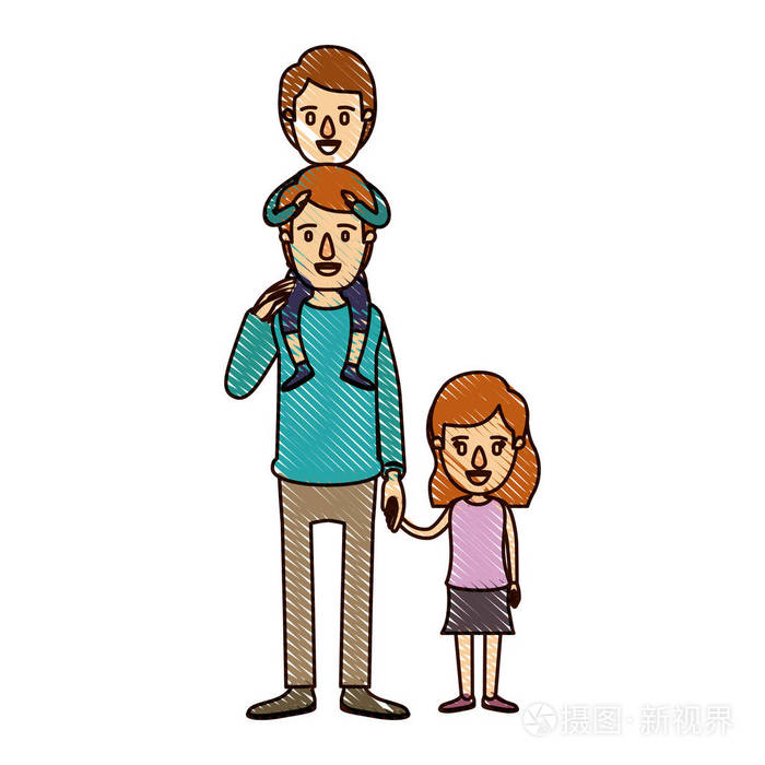 彩色蜡笔条纹卡通爸爸与他的背部和女孩采取手的男孩