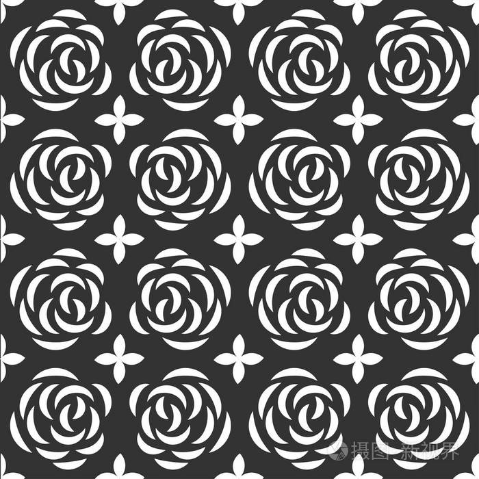 玫瑰和树叶,黑线和白线与轮廓的几何图案.矢量图