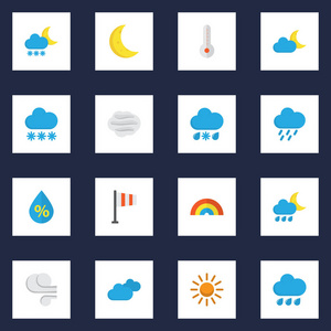 气象平面图标设置。月亮 新月 雨和其他元素的集合。此外包括新月 颜色 淋浴等符号