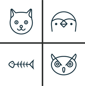 图标集的性质.潜水员 海鲜骨架,晚上鸡和其他元素的集合.