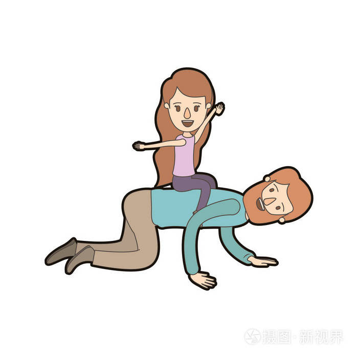 光色漫画厚轮廓胡子的父亲在他的背上玩骑马的女孩