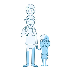 蓝色的剪影底纹漫画爸爸与他的背部和女孩采取手的男孩