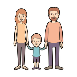 光色漫画厚轮廓家庭与父母和采取手的小男孩