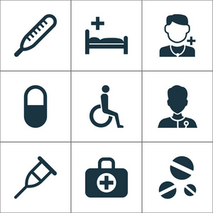 药物的图标集。汞 看台 残障的元素的集合。此外包括符号如护士，健康的疾病