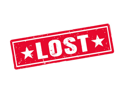 混乱邮票以红色邮票风格遗失,白色背景照片