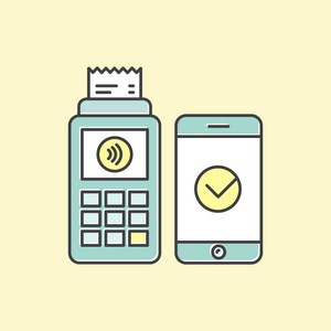 Pos 终端确认付款通过移动电话。概念图标在平面样式的 Nfc 支付。支付或制作购买非接触式或无线的方式。移动银行和支付