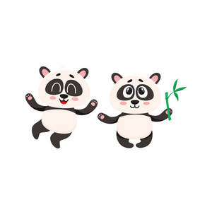 两个可爱的开心宝贝熊猫字符用爪子抬起