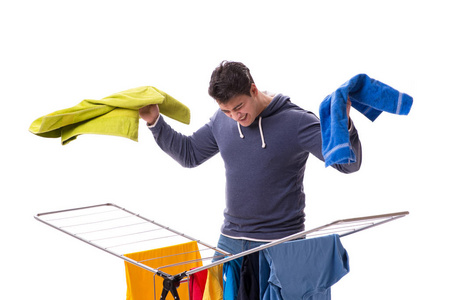 可折叠晾衣绳洗衣服上白色孤立的男人照片