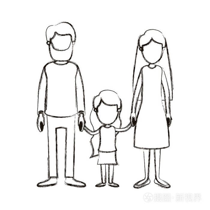 模糊剪影漫画不露面家庭与父亲胡须和长头发妈妈与采取手的小女孩