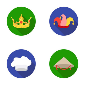 冠，小丑帽，厨师，锥。帽子在平面样式矢量符号股票图 web 设置集合图标